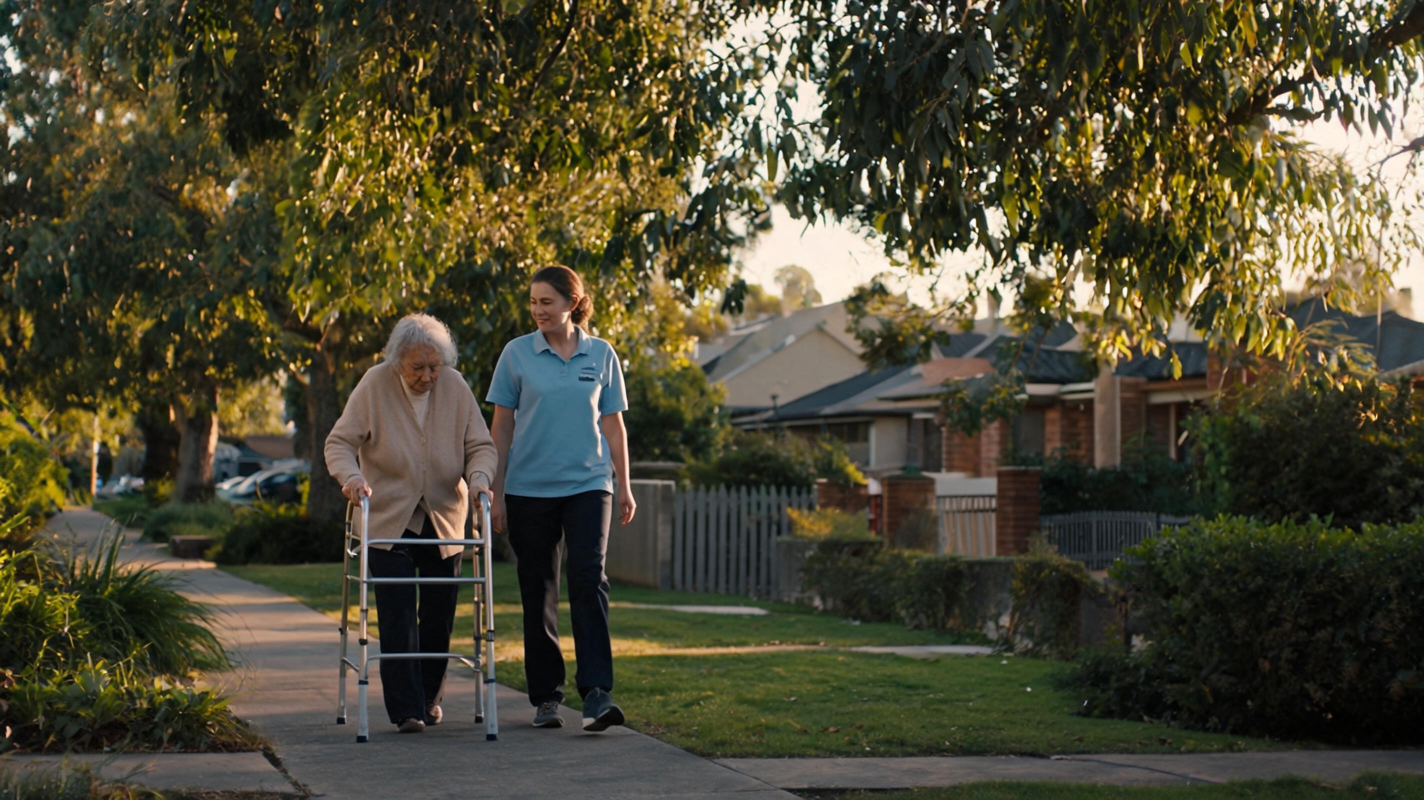 A KTM Care support worker walking alongside an older client on a leafy suburban street